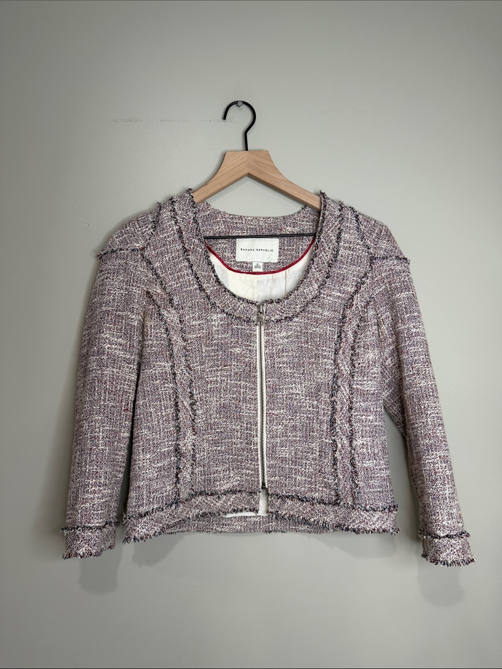 Banana Republic Burgundy and Navy tweed zip-front jacket 4
